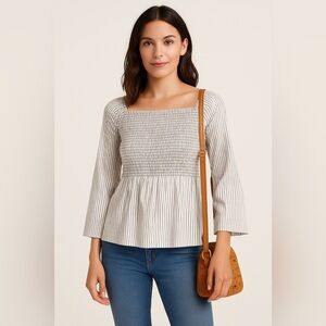 LOFT Striped Smocked Peplum Blouse‎ Women’s Size Small Long Sleeve Top